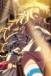  anger_vein bangs blonde_hair blue_eyes blue_legwear frown glasses glowing glowing_eyes halo holding impossible_clothes jacket jacket_removed long_hair lowres masinhwangje no_pants panties parted_bangs purple_panties quartermaster_knight red_hair shirt side-tie_panties solo striped striped_legwear sword_girls thighhighs underwear vernika_answer walking white_legwear 