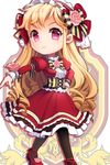  belt black_legwear blonde_hair chibi cinia_pacifica dress drill_hair flower frilled_dress frills gilse hand_on_hip long_hair lowres mary_janes outstretched_arm pantyhose pointing red_eyes ribbon rose shoes smile solo sword_girls very_long_hair walking 
