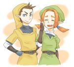  &gt;:) 1girl ^_^ belt beret blue_eyes brown_hair chainmail closed_eyes eyebrows fingerless_gloves gauntlets gloves hand_on_own_face hands_on_hips hat karane looking_at_viewer orange_hair pipit pointy_ears short_hair simple_background smile smirk the_legend_of_zelda the_legend_of_zelda:_skyward_sword thick_eyebrows tunic twintails v-shaped_eyebrows ziro_(daydozen) 