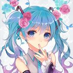  aqua_hair bad_id bad_pixiv_id blue_eyes detached_sleeves earrings face finger_to_mouth flower hatsune_miku jewelry long_hair necktie solo tukino_(panna) twintails upper_body vocaloid 