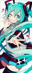  +_+ 1girl 4_(nakajima4423) ;) anniversary blue_border blue_hair blue_neckwear blush border detached_sleeves eyebrows_visible_through_hair floating_hair grey_shirt hatsune_miku head_tilt long_hair looking_at_viewer necktie number one_eye_closed outside_border outstretched_hand shirt simple_background skirt smile solo sparkle thighhighs thighs very_long_hair vocaloid white_background 