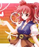  breasts bug butterfly cleavage coin hair_bobbles hair_ornament highres insect kinagi_yuu large_breasts obi onozuka_komachi open_mouth red_eyes red_hair sash short_hair smile solo touhou two_side_up upper_body 