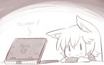  1girl animal_ear_fluff animal_ears asus bangs computer crying crying_with_eyes_open greyscale hair_between_eyes halo imaizumi_kagerou laptop long_hair long_sleeves monochrome portrait solo tears touhou wolf_ears wool_(miwol) |_| 