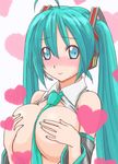  1girl blue_eyes blue_hair blush breast_hold breasts breasts_outside cleavage covering covering_breasts hatsune_miku heart large_breasts long_hair minazuki_itto necktie solo tie twintails vocaloid 