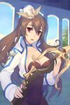 artist_request bow_(weapon) breasts brown_hair choker collarbone crossbow garrison_cap hair_between_eyes hat holding jacket large_breasts long_hair lowres navel open_mouth red_eyes scope solo sword_girls weapon 