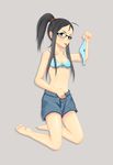  :p bad_id bad_pixiv_id black_hair blue_eyes bra glasses kneeling lingerie no_panties original panties ponytail shichimi_(ucc) shorts solo striped striped_panties tongue tongue_out underwear 