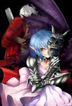  1girl alternate_costume armor bad_id bad_pixiv_id bat_wings blue_hair brooch dante_(devil_may_cry) devil_may_cry gun highres jewelry mask no_hat no_headwear orange_eyes pointy_ears red_eyes remilia_scarlet short_hair torizousui touhou weapon white_hair wings 