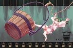  arms_up bare_legs barefoot bucket child falling green_eyes green_hair in_bucket in_container japanese_clothes kimono kisume letterboxed open_mouth rope solo touhou wooden_bucket yafu yukata 