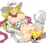  bad_id bad_pixiv_id banana blonde_hair blue_eyes boots breasts censored crown elbow_gloves food fruit fuurai_no_shiren gloves hat katsuma_(perestronica) large_breasts long_hair milly_(fuurai_no_shiren) mosaic_censoring pussy solo 