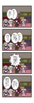  4girls 4koma bat_wings black_wings blue_hair book bookshelf bow braid chibi comic crescent dora_ita grey_hair hair_bow hat head_wings highres izayoi_sakuya koakuma long_hair maid_headdress multiple_girls necktie patchouli_knowledge purple_hair red_hair remilia_scarlet shelf short_hair sweatdrop touhou translated twin_braids wings 