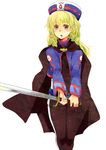  1girl belt blonde_hair blue_eyes bodysuit cape chloe_valens chloe_valens_(cosplay) cosplay hat shirley_fennes sword tales_of_(series) tales_of_legendia weapon 