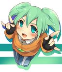  \m/ bad_id bad_pixiv_id fei_rune fingerless_gloves gloves green_eyes green_hair headset hoshihuri inazuma_eleven_(series) inazuma_eleven_go inazuma_eleven_go_chrono_stone long_hair male_focus open_mouth otoko_no_ko solo twintails 