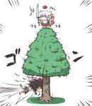  black_hair camera chibi crash geta hat in_the_face inubashiri_momiji kurokoori multiple_girls o_o shameimaru_aya shield simple_background skirt sword tokin_hat touhou tree weapon white_hair 