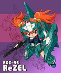  ankle_boots armor armored_boots bell belt boots full_body gundam gundam_unicorn helmet looking_at_viewer machinery maro-n mecha_musume orange_hair red_eyes rezel solo twintails zoom_layer 
