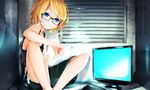  bare_shoulders bespectacled blonde_hair blue_eyes casual glasses kagamine_rin keyboard_(computer) looking_at_viewer maclo monitor netoge_haijin_sprechchor_(vocaloid) short_hair shorts sitting solo thumbs_down vocaloid 