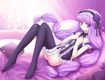  alternate_costume bed black_legwear book bottomless flower hair_tie hairband hands_on_own_chest long_hair nanao_yuki no_panties patchouli_knowledge purple_eyes purple_flower purple_hair purple_rose rose solo thighhighs touhou 