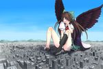  1girl barefoot bow brown_hair city cloak crushing destruction eyes_closed female giantess hachimitsu_(gts) hair_bow hair_ornament kneehighs long_hair masturbation mountain mountains open_mouth panties pantyshot reiuji_utsuho single_kneehigh skirt smile third_eye touhou underwear upskirt wings 