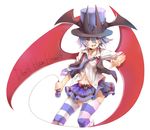  :d belt blue_(rbb) blue_eyes blue_hair collarbone commentary_request hat highres holding large_wings looking_at_viewer microphone navel necktie open_mouth rainybluebell red_wings rojiko shirt short_hair simple_background single_horizontal_stripe skirt smile solo striped striped_legwear thighhighs top_hat white_background white_shirt wings 