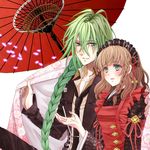  1girl amnesia_(idea_factory) blanket braid brown_hair couple formal green_eyes green_hair hair_over_shoulder hairband heroine_(amnesia) hetero kiwa_lotus long_hair necktie red_umbrella short_hair smile suit ukyou_(amnesia) umbrella white_background 