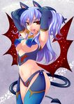  :p adapted_costume adjusting_hair animal_ears arms_up blue_gloves blue_hair breasts demon_tail earrings elbow_gloves gloves gradient_hair horns jewelry large_breasts low_wings midriff multicolored_hair navel niwacho purple_hair red_eyes shinrabanshou skindentation solo tail tongue tongue_out underboob wings yoru_maou_belpheria 
