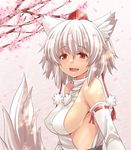  animal_ears bare_shoulders breasts detached_sleeves from_side hasu_(hk_works) hat inubashiri_momiji large_breasts no_bra open_mouth red_eyes short_hair sideboob solo tail tokin_hat touhou upper_body white_hair wolf_ears wolf_tail 
