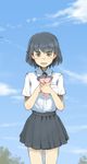  black_eyes black_hair blush cloud day holding original school_uniform skirt sky solo tko_(kkk66) 