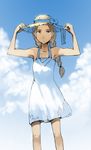  bare_arms bare_legs bare_shoulders blue_ribbon blue_sky braid brown_eyes brown_hair collarbone day dress feet_out_of_frame flat_chest frown hands_on_headwear hands_up hat hat_ribbon long_hair looking_at_viewer original outdoors ribbon short_dress sky sleeveless sleeveless_dress solo standing straw_hat sun_hat sundress tko_(kkk66) twin_braids twintails yellow_eyes 
