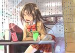  blazer bow brown_hair cellphone closed_eyes half_updo idolmaster idolmaster_cinderella_girls jacket long_hair open_mouth phone plaid plaid_skirt school_uniform shibuya_susano shimamura_uzuki skirt smile solo translated wall_of_text 