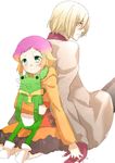  1girl aquarion_(series) aquarion_evol blonde_hair blush doll gradient_hair green_eyes holding_hands jin_musou kneeling multicolored_hair murakami_yuichi orange_hair purple_hair sitting stuffed_animal stuffed_frog stuffed_toy tama_(aquarion) yunoha_thrul 