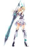  absurdres blonde_hair copyright_request full_body green_eyes high_heels highres huge_weapon looking_back original shoes simple_background solo standing sword thighs weapon white_background white_legwear zi_se 