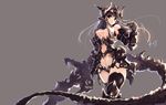  armor black_hair black_legwear breasts demon_girl faulds gauntlets grey_background horns long_hair medium_breasts navel original parted_lips red_eyes signature simple_background solo tail thighhighs thighs windforcelan 