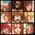  6+boys :d afra antlers bandana bangs bare_shoulders black_eyes black_hair blonde_hair blue_hair brook column_lineup curly_hair cyborg deer earrings everyone facial_hair franky green_hair grin hair_over_one_eye hat hooves jewelry lips long_hair looking_at_viewer monkey_d_luffy multiple_boys multiple_girls nami_(one_piece) nico_robin nika_(nikasa_an) nose one_piece open_mouth orange_hair pink_hat roronoa_zoro sanji scar short_hair sideburns skeleton smile smirk smoking straight_hair straw_hat sunglasses tony_tony_chopper top_hat usopp 