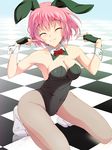  animal_ears bare_legs bow bowtie bunny_ears bunnysuit checkered checkered_floor closed_eyes detached_collar fingerless_gloves fishnet_pantyhose fishnets gloves highres kneeling nanase_nanami pantyhose pink_hair saigyouji_yuyuko short_hair smile solo tabi touhou wrist_cuffs 