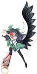  bad_id bad_pixiv_id black_hair black_wings bow breasts cape fire fusanojou hair_bow highres long_hair medium_breasts open_mouth reiuji_utsuho skirt solo third_eye torn_clothes touhou wings 