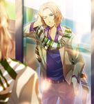  axis_powers_hetalia belt blonde_hair blue_eyes blurry depth_of_field dress_shirt facial_hair formal france_(hetalia) hand_in_pocket hand_on_own_head head_tilt kuroemon male_focus mirror one_eye_closed pants reflection scarf shirt smile solo stubble suit unbuttoned 