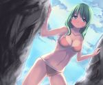  bikini blue_eyes blush breasts cleavage front-tie_top green_hair large_breasts light_smile long_hair navel original rock saiste solo swimsuit 