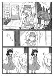  2girls aji_kaze alice_margatroid bow comic cooking detached_sleeves greyscale hair_bow hair_tubes hairband hakurei_reimu house monochrome multiple_girls pot shanghai_doll stomach_growling touhou 