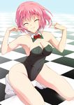  bad_id bad_pixiv_id bare_legs bow bowtie checkered checkered_floor closed_eyes detached_collar highres kneeling leotard nanase_nanami pink_hair playboy_bunny_leotard saigyouji_yuyuko short_hair smile solo tabi touhou 