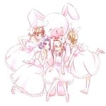  ahoge akizuki_ritsuko animal_ears blue_hair blush brown_hair bunny_ears closed_eyes dress futami_ami idolmaster idolmaster_(classic) leg_up long_hair minase_iori miura_azusa multiple_girls ndo2 short_hair stuffed_animal stuffed_bunny stuffed_toy 