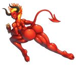  big_butt butt demien demon female fire fire_hair flaming_hair food grin horn looking_at_viewer looking_back muscles muscular_female naughty_face nude pointy_ears red_skin running shiny smile spade_tail succubus 