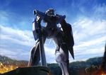  artist_request blue_eyes blue_sky burning cannon cloud dark day forest gundam gundam_00 gundam_exia highres machinery mecha nature no_humans sky smoke standing turret 