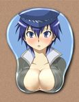  blue_eyes blue_hair blush breast_mousepad breasts cabbie_hat chiizu_ochaduke cleavage crossdressing embarrassed hair_between_eyes hat jacket large_breasts looking_at_viewer mousepad open_mouth persona persona_4 school_uniform shirogane_naoto short_hair solo tears upper_body 