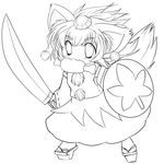  absurdres animal_ears boned_meat detached_sleeves food greyscale hat highres inubashiri_momiji lineart meat monochrome mouth_hold shield short_hair solo sword tail tokin_hat touhou transparent_background weapon wolf_ears wolf_tail yume_shokunin 