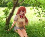  :d ano_natsu_de_matteru bangs blue_eyes bow bowtie breasts day glasses grass large_breasts long_hair looking_at_viewer meadow miniskirt mori_chu nature open_mouth orange_hair outdoors pleated_skirt purple_eyes red_hair scenery school_uniform shade sitting skirt smile solo sweater_vest takatsuki_ichika tree 