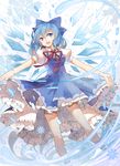 blue_eyes blue_hair bow cirno dress fang hair_bow open_mouth outstretched_arms ribbon short_hair snowflakes solo spread_arms touhou tsukii water wings 