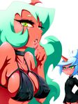  2girls bikini blue_hair blush breasts chibi cleavage demon_girl erect_nipples glasses green_eyes green_hair horns ingenmame kneesocks_(character) kneesocks_(psg) large_breasts long_hair multiple_girls nabeshiki_(ingenmame) open_mouth panty_&amp;_stocking_with_garterbelt pointy_ears ponytail scanty scanty_(psg) siblings simple_background sisters sleeves_past_wrist sleeves_past_wrists small_breasts smile sweater swimsuit tongue turtleneck very_long_hair 