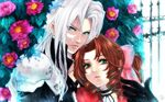  1boy 1girl aerith_gainsborough armor blue_eyes brown_hair choker final_fantasy final_fantasy_vii flower green_eyes koromi long_hair pixiv_thumbnail resized sephiroth silver_hair 