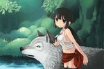  animal black_hair blue_eyes forest jewelry kouno_hikaru midriff nature navel original pendant ponytail thighhighs water wolf 