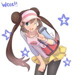  absurdres bag blue_eyes breasts brown_hair collaboration cowboy_shot double_bun highres leaning_forward legwear_under_shorts long_hair magister_(medical_whiskey) mei_(pokemon) one_eye_closed open_mouth pantyhose pokemon pokemon_(game) pokemon_bw2 raglan_sleeves shirt shorts small_breasts smile solo taut_clothes taut_shirt twintails visor_cap watch weee_(raemz) wristwatch 