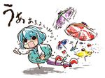  blue_hair chibi dress holding karakasa_obake o_o okome_(kome_kuma) open_mouth purple_umbrella running solid_circle_eyes solo spinning tatara_kogasa tears tongue touhou translation_request umbrella 